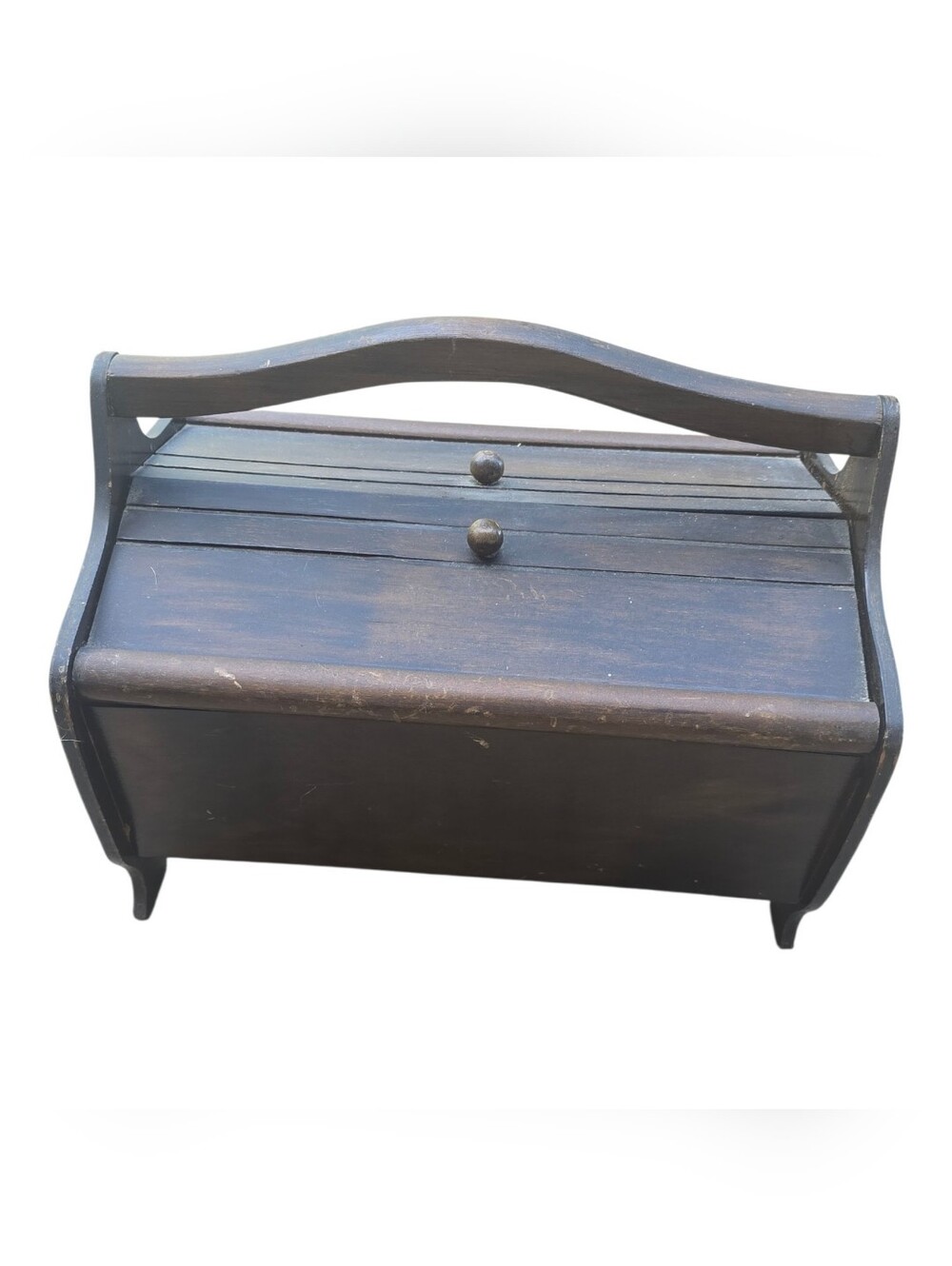 Vintage Wooden Caddy Box with Dual Slanted Hinged Lids & Carrying Handle - Picture 3 of 6